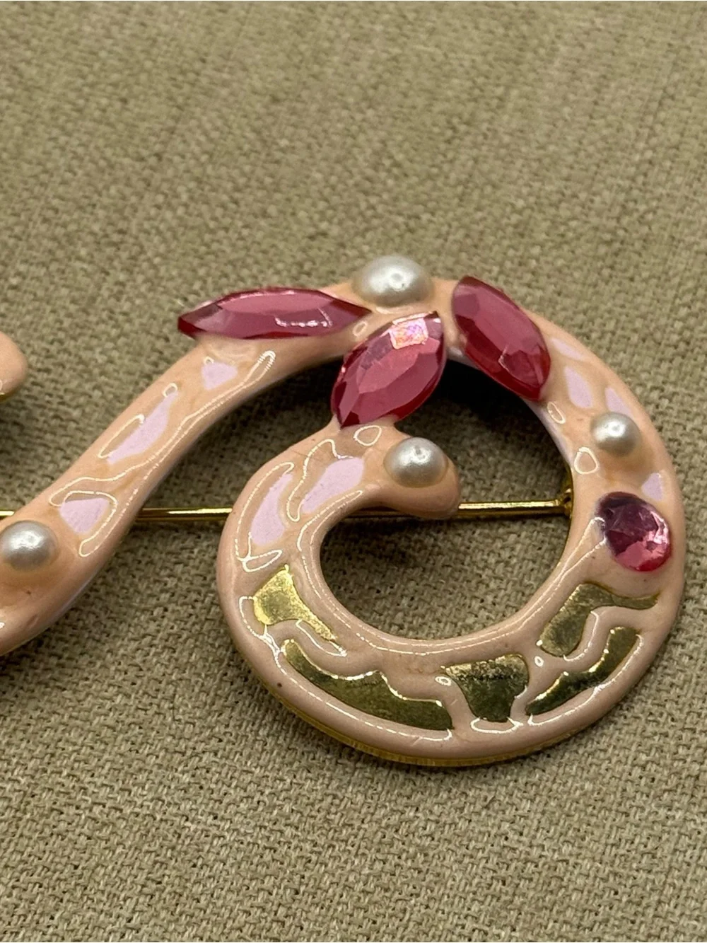 Vintage La Rage  Pink Enamel Swirl Brooch with Pink Crystal Accents